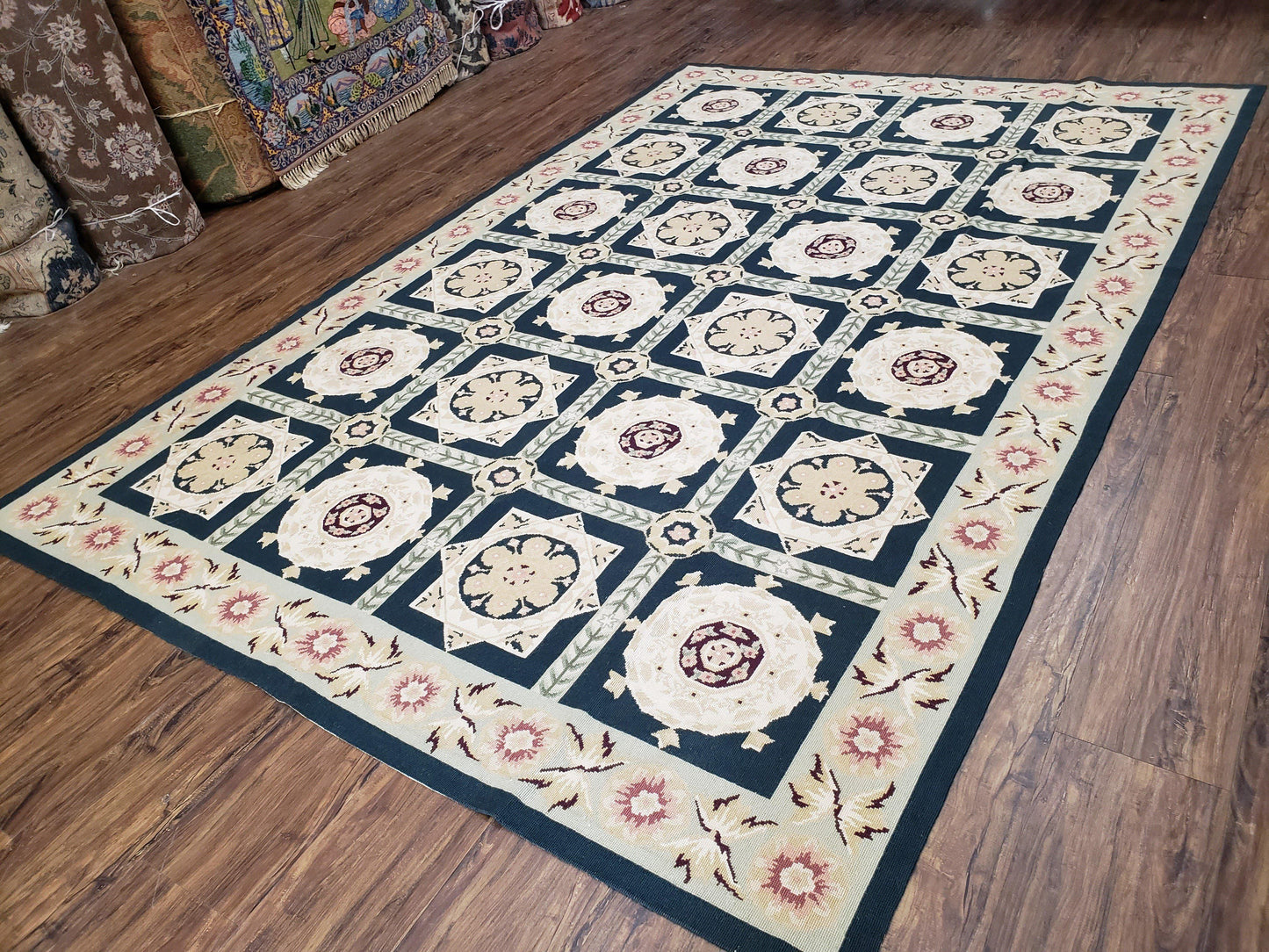 Vintage Chinese Needlepoint Rug 6x9, Panel Design Area Rug Wool Hand-Woven Black & Ivory Carpet Flat Weave Bedroom Rug 6 x 9 Living Room Rug