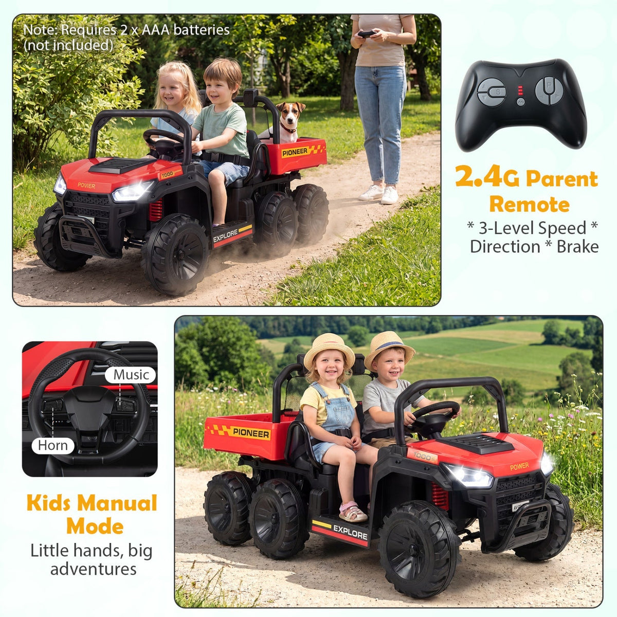 24V 2-Seater Kids Ride on Dump Truck 4WD with Electric Dump Bed and Lights