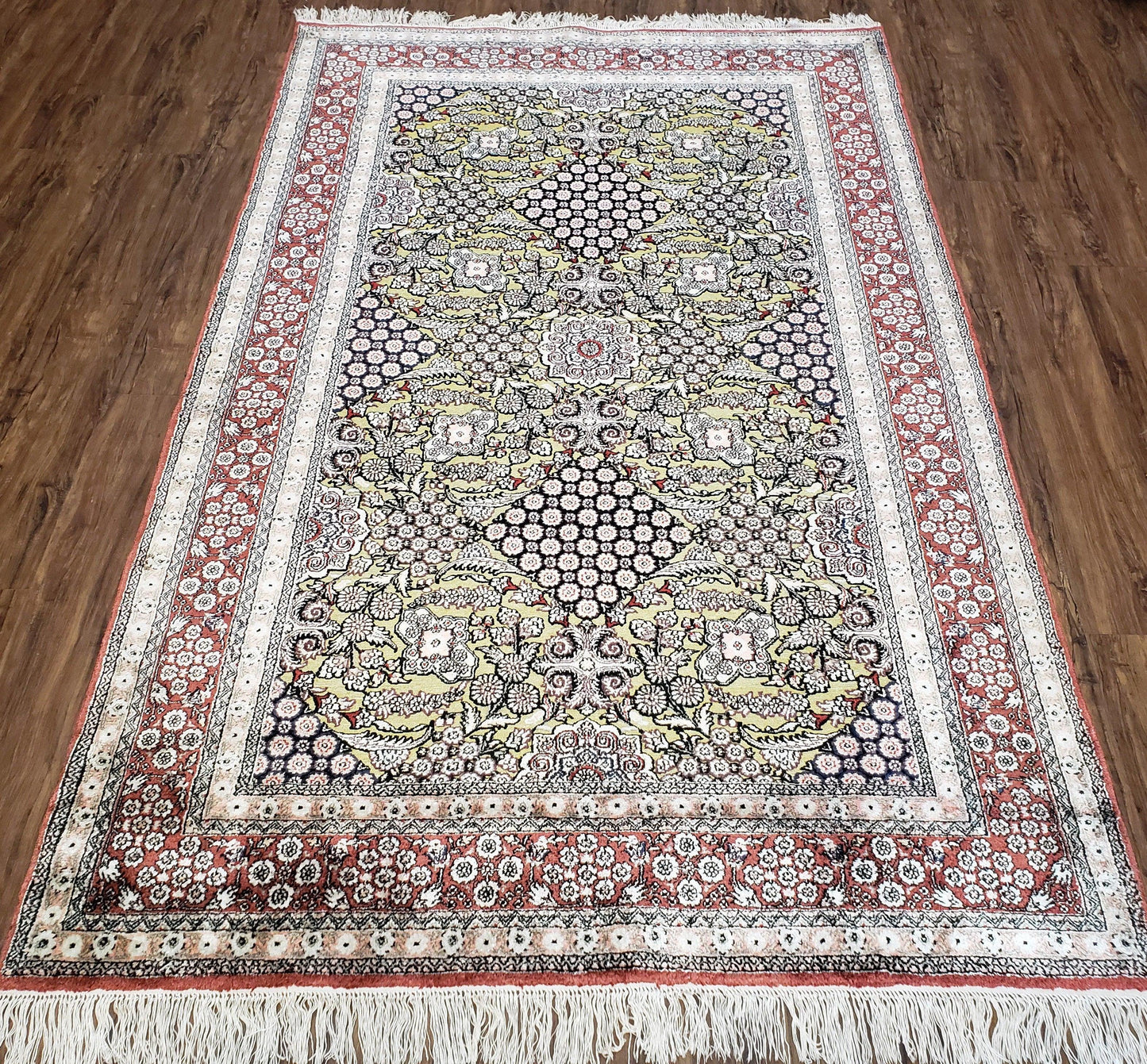5x8 Indian Kashmiri Silk Rug with Gold Threads