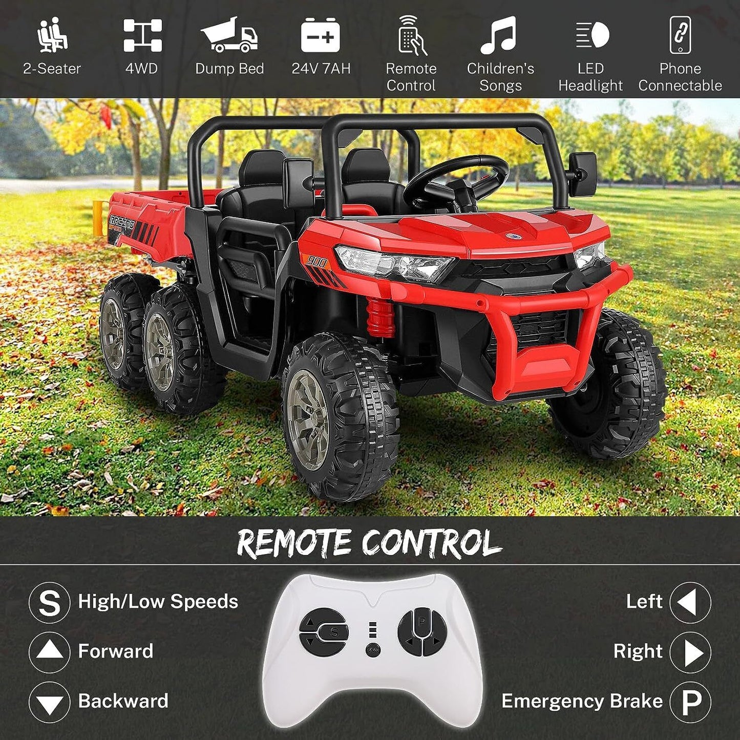 Hikole 24V 2-Seater Battery-Powered Kids Ride On Tractor with Dump Bed and RC Control