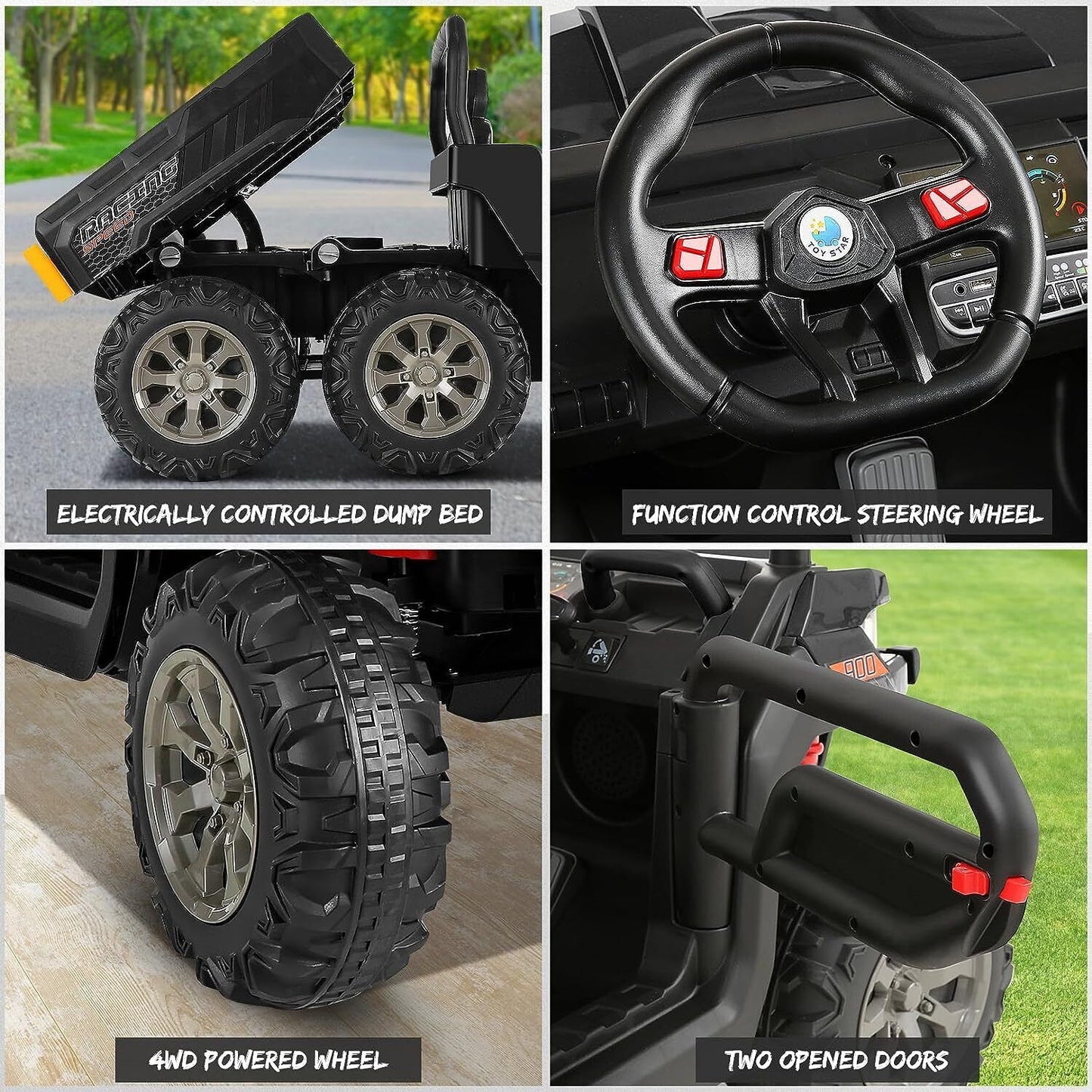 2 Seater 24V Electric Ride-On Car with Dump Bed and 4WD Tractor Trailer