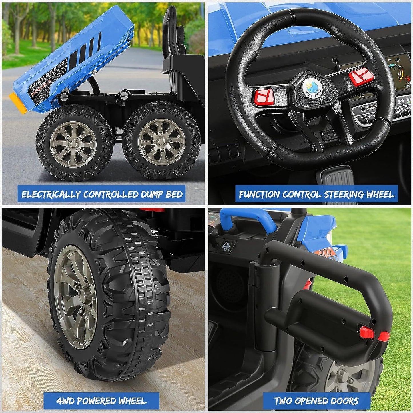 2 Seater 24V Electric Ride-On Car with Dump Bed and 4WD Tractor Trailer