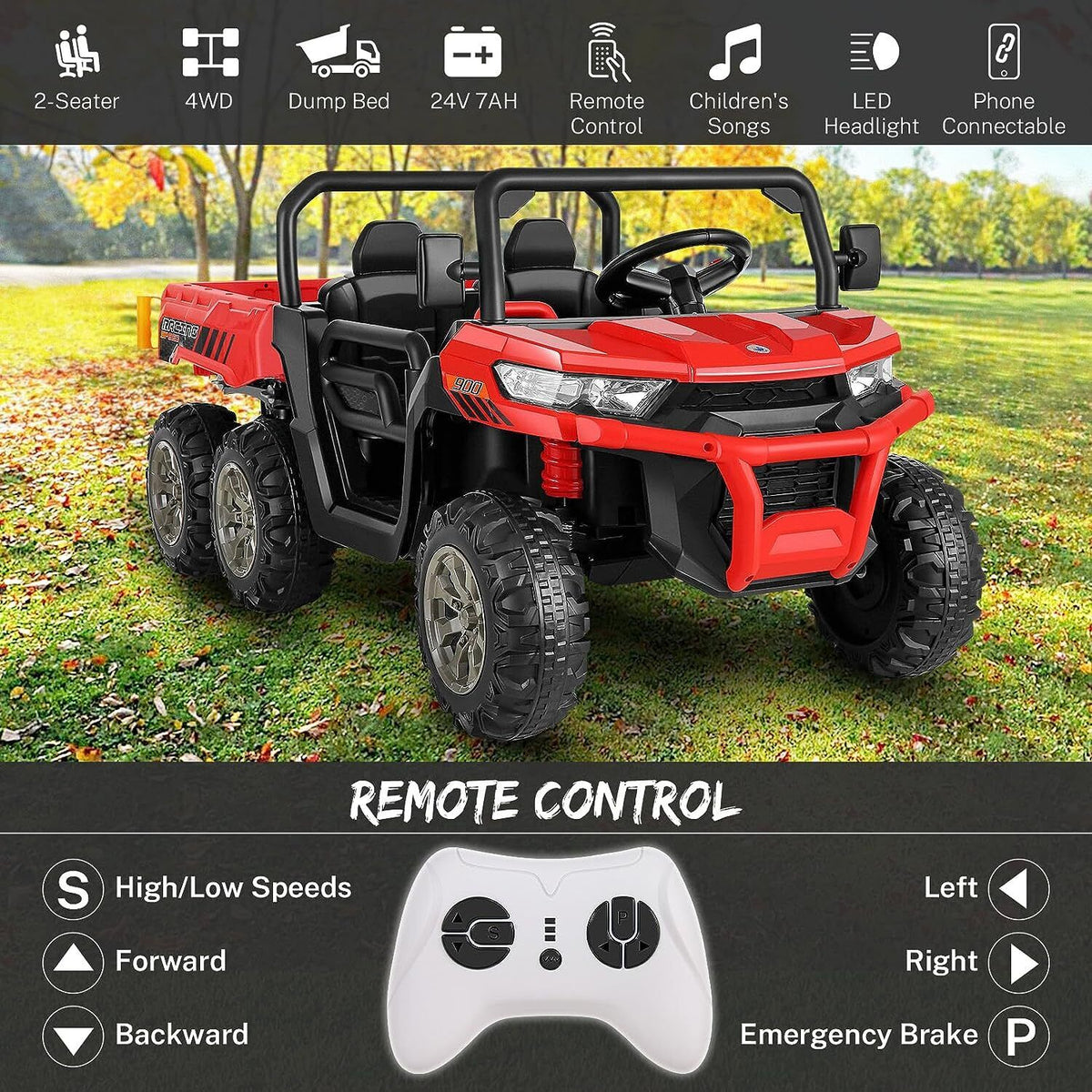 2 Seater 24V Electric Ride-On Car with Dump Bed and 4WD Tractor Trailer