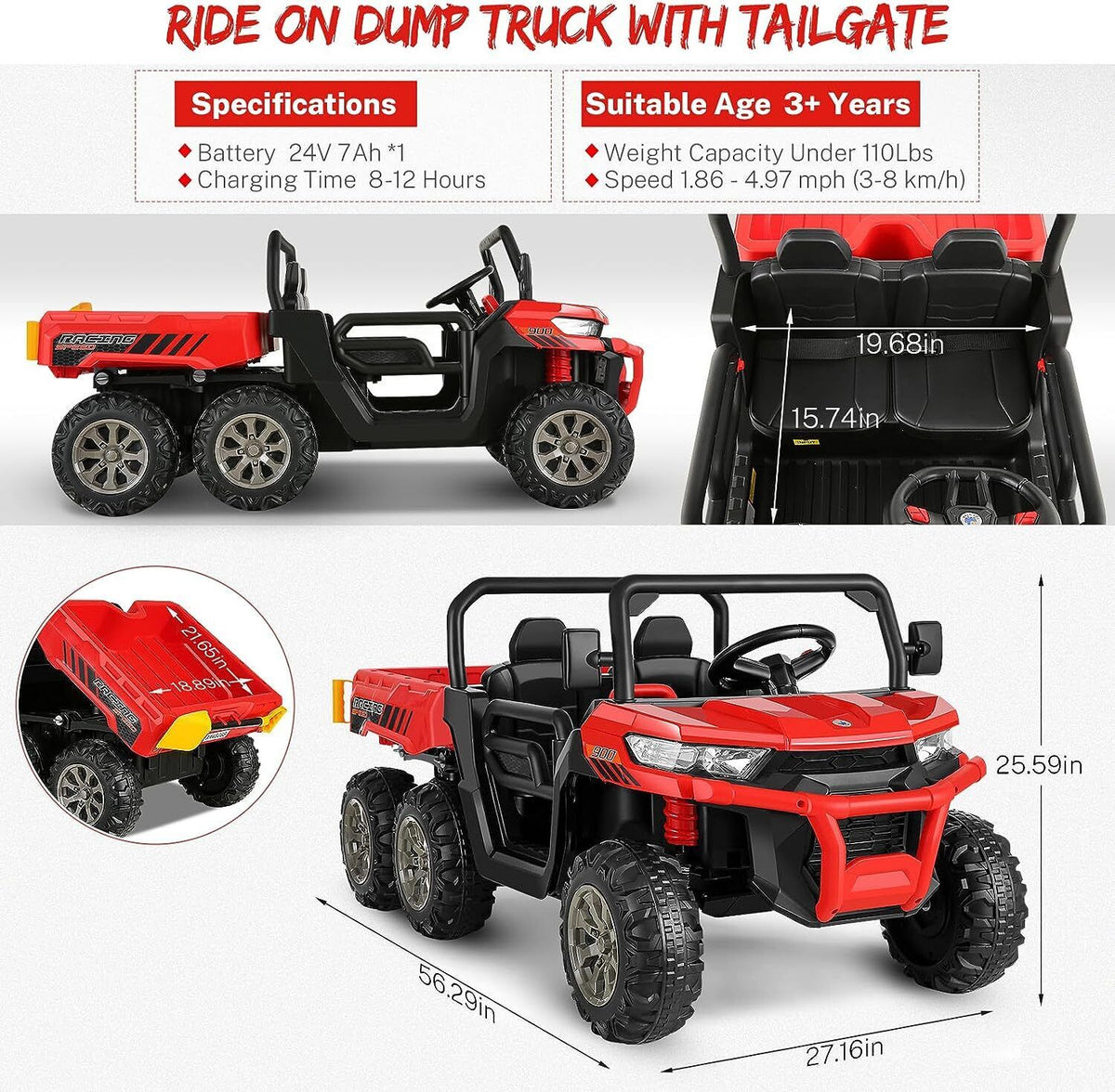 2 Seater 24V Electric Ride-On Car with Dump Bed and 4WD Tractor Trailer