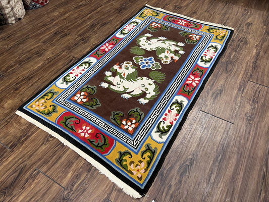 Chinese Peking Rug 3x5 with Animal Pictorial, Brown Ivory Gold Red, Handmade Vintage Chinese Carpet, Art Deco Rug, Unique Asian Oriental Rug