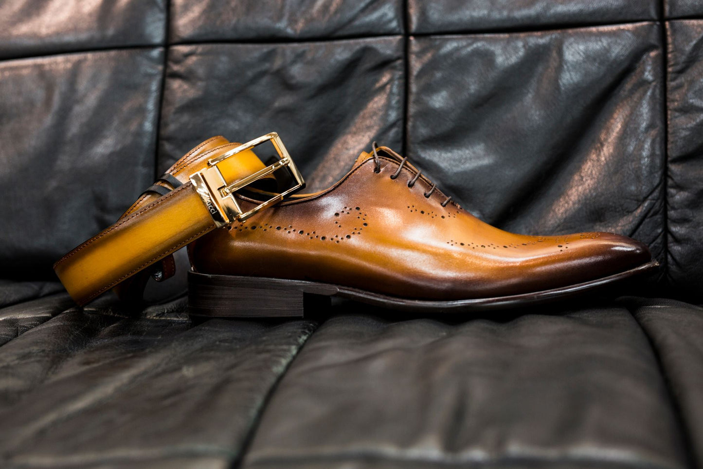 Carrucci Burnished Calfskin Belt - Cognac
