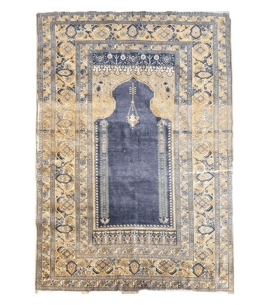 Rare Turkish Ghiordes Prayer Rug 4 x 5.8 ft, Late 19th Century Turkish Oriental Carpet, Mehrab Antique Prayer Rug, Museum Quality, Blue, Tan
