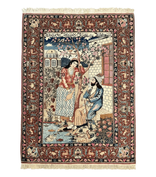 Wonderful Persian Kashan Pictorial Rug 4.7 x 6.5, Persian Rug for Wall Hanging, Handmade Antique Wool Carpet Animal Motifs Poetry Lovers, 240 KPSI