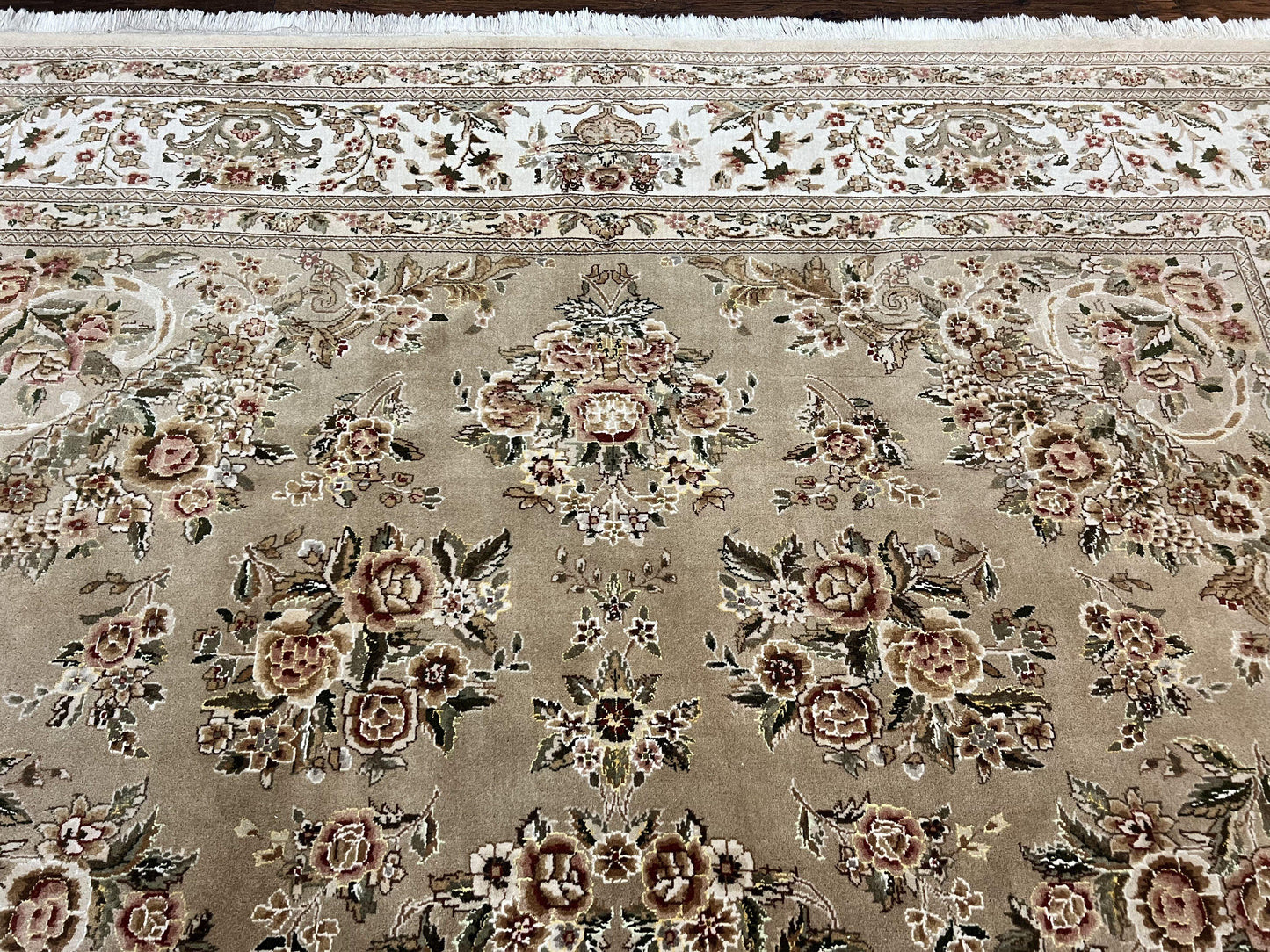Sino Persian Rug 8x10, Soft Wool, Silk Highlights, Hand Knotted Vintage Carpet, Taupe & Ivory, Floral, Traditional Rug 8 x 10