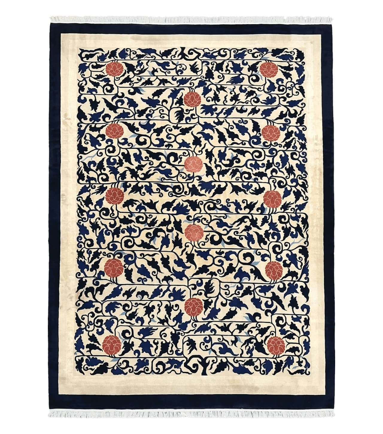 Antique Chinese Peking Rug 10x14, Beige Black, Handmade Wool Art Deco Carpet