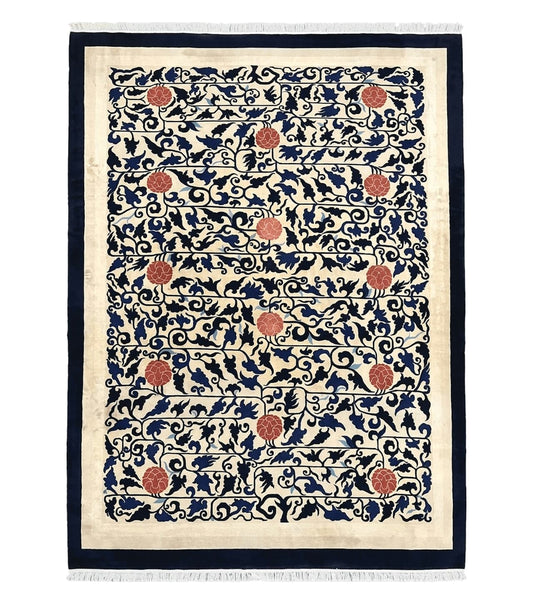 Antique Chinese Peking Rug 10x14, Beige Black, Handmade Wool Art Deco Carpet