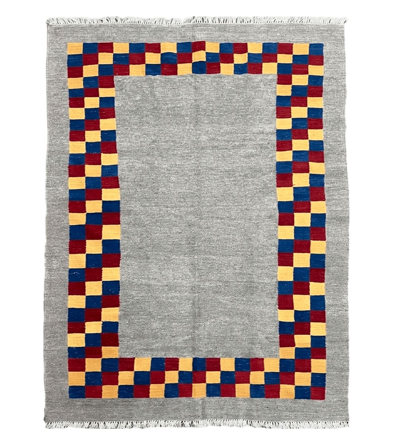 Gray Kilim Carpet, Yellow, Red, Blue Checkerboard Pattern, Flatweave, New, Geometric, Hand-Knotted, Wool, Turkish Area Rug, 5' 9" x 7' 9"