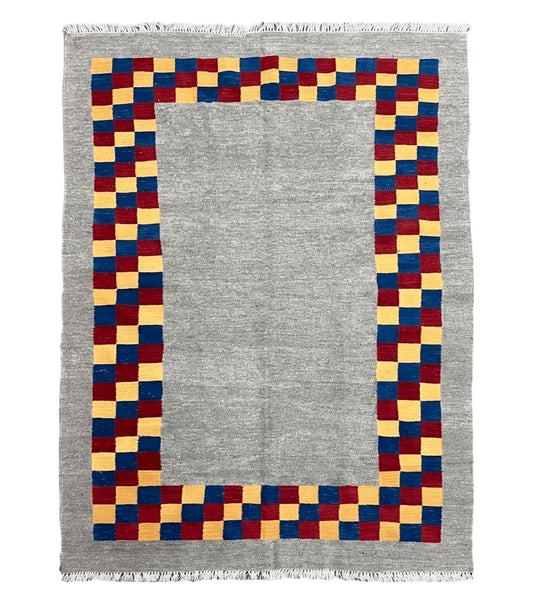 Gray Kilim Carpet, Yellow, Red, Blue Checkerboard Pattern, Flatweave, New, Geometric, Hand-Knotted, Wool, Turkish Area Rug, 5' 9" x 7' 9"