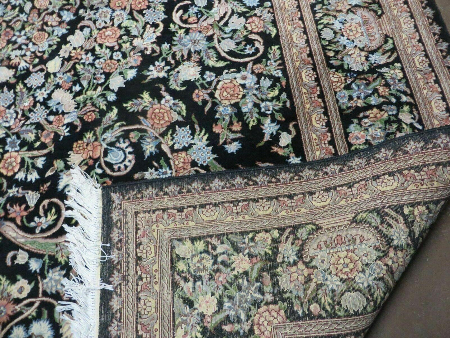 8' X 10' Vintage Handmade Pakistani Floral Wool Rug Black Nice