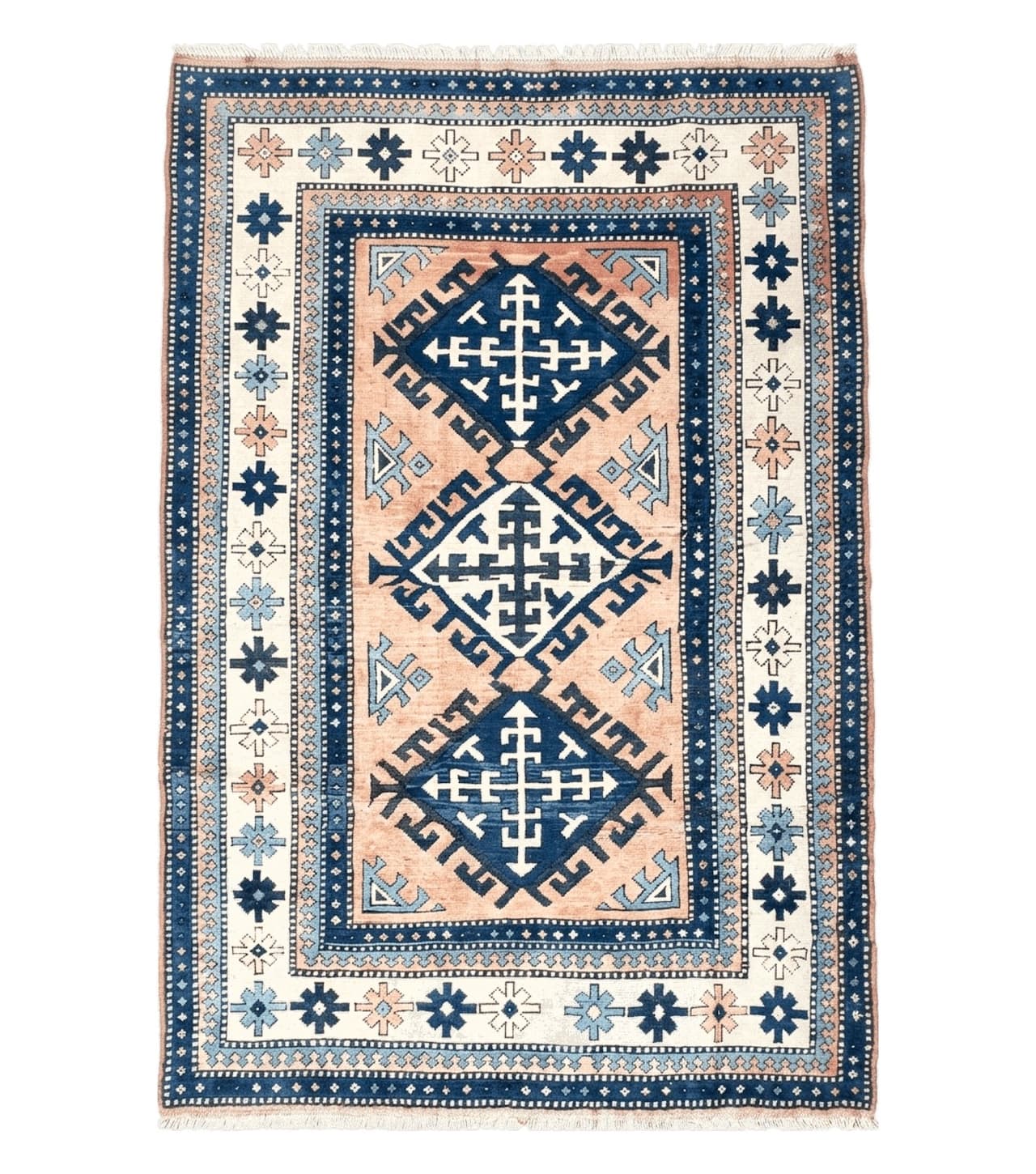 Turkish Kazak Rug 5x8 ft, Bold Geometric Bohemian Carpet, Blue and Ivory Hand Knotted Area Rug, Medium Sized High Quality Wool Oriental Rug