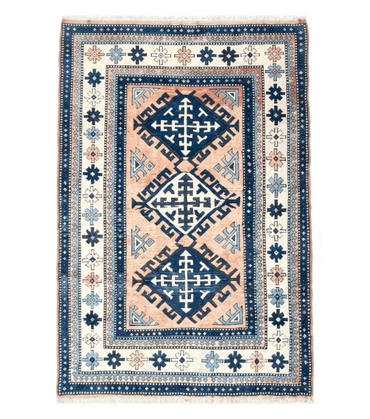 Turkish Kazak Rug 5x8 ft, Bold Geometric Bohemian Carpet, Blue and Ivory Hand Knotted Area Rug, Medium Sized High Quality Wool Oriental Rug