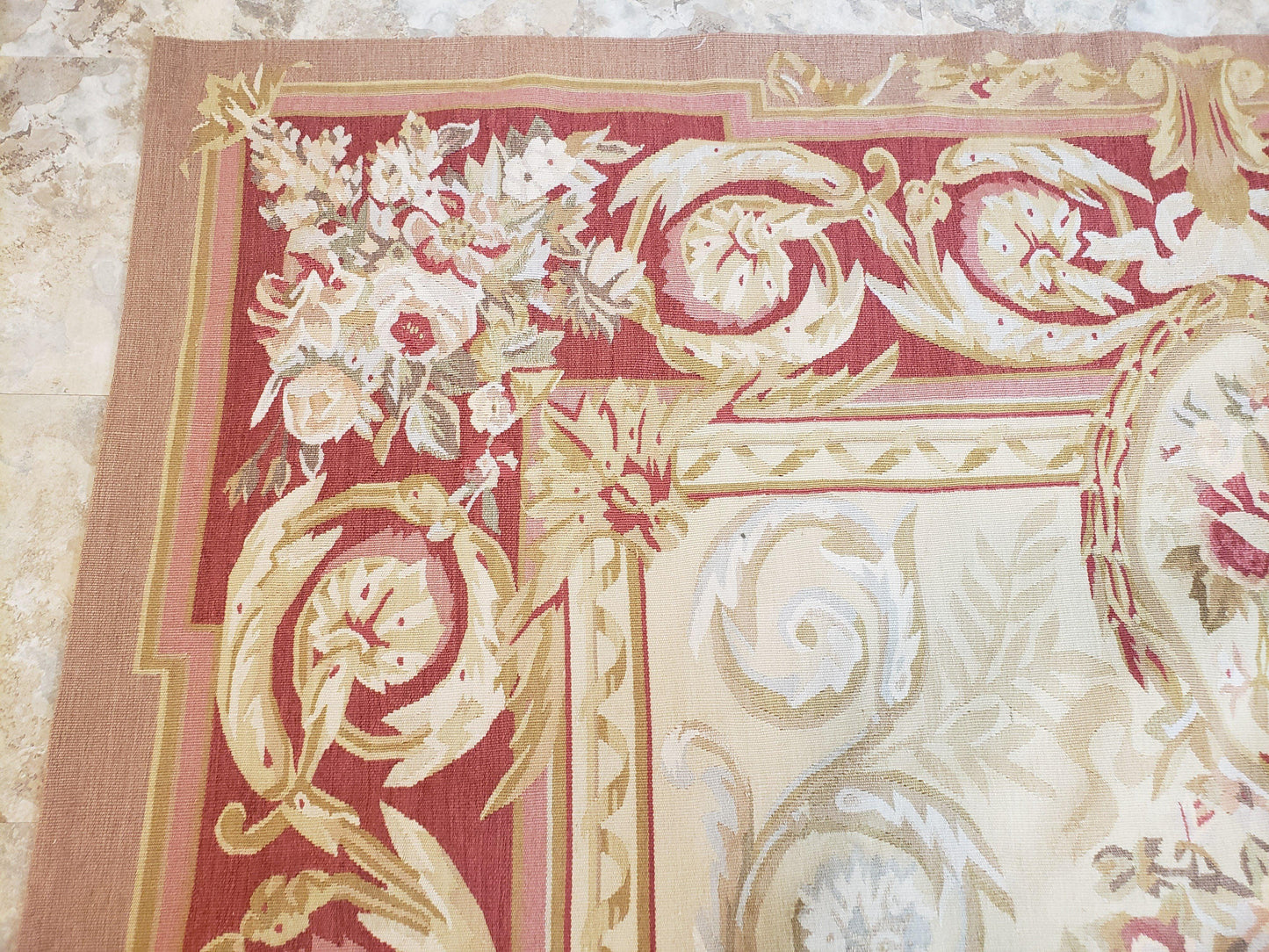 Aubusson Rug 6x9, Elegant Flatweave Rug, Aubusson Savonnerie 6 x 9 Flatweave Area Rug, Cream and Red, Wool Hand Woven Carpet, Medium Size
