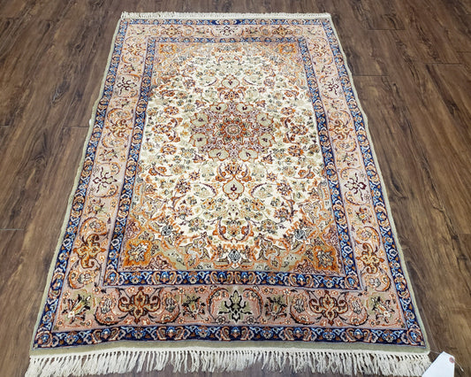 Vintage Persian Isfahan Lachak Toranj Rug, Highly Detailed, Kork Wool on Silk Foundation, Beige and Dark Blue, Hand-Knotted, 3'6" x 5' 4"