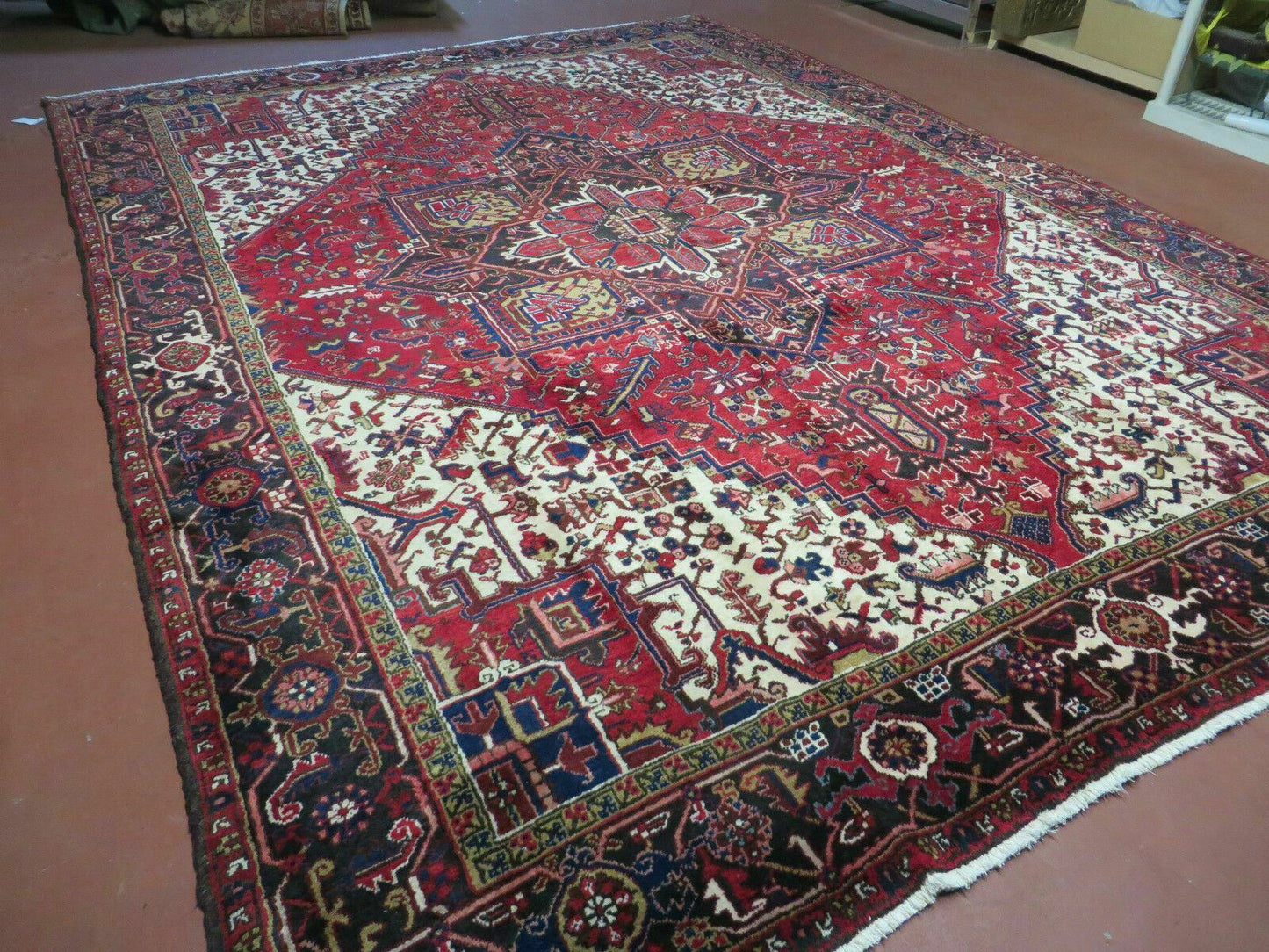 Wonderful Persian Heriz Rug 8.6 x 11, Geometric Heriz Carpet, Semi Antique Decorative Area Rug, Red Ivory Dark Blue Handmade Wool Room Sized