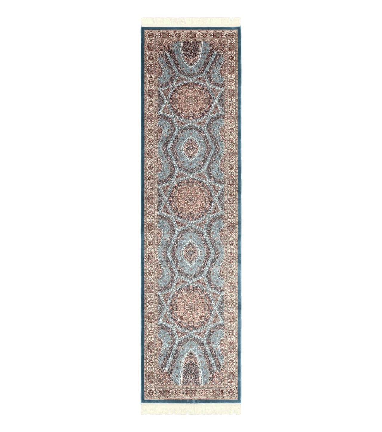 Turkish Silk Runner Rug 2.6 x 10, Light Blue Carpet, Bamboo Silk, New