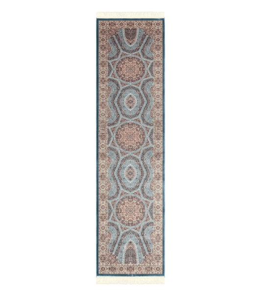 Turkish Silk Runner Rug 2.6 x 10, Light Blue Carpet, Bamboo Silk, New