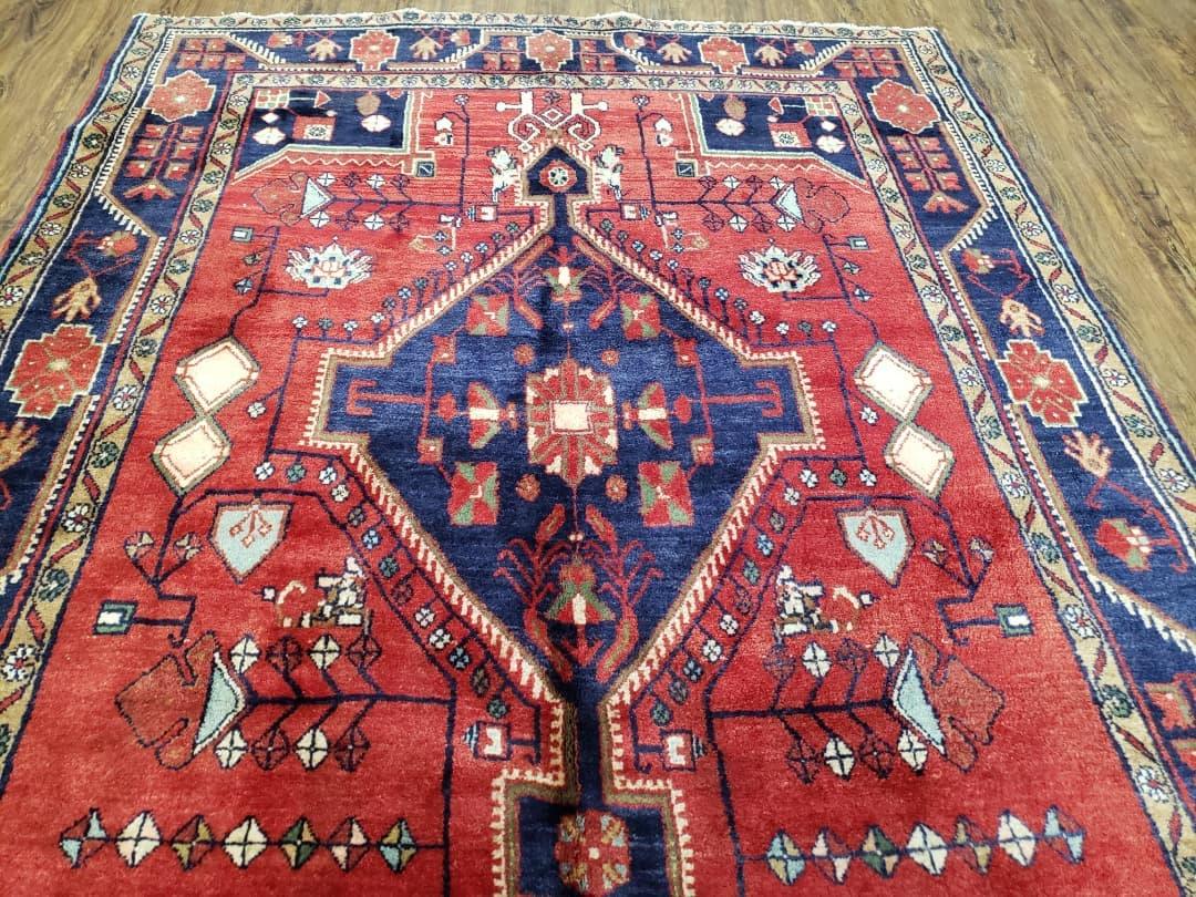 Antique Persian Zanjan Nahavand Heriz Rug, Red & Blue, Hand-Knotted, 5' x 9' 7"