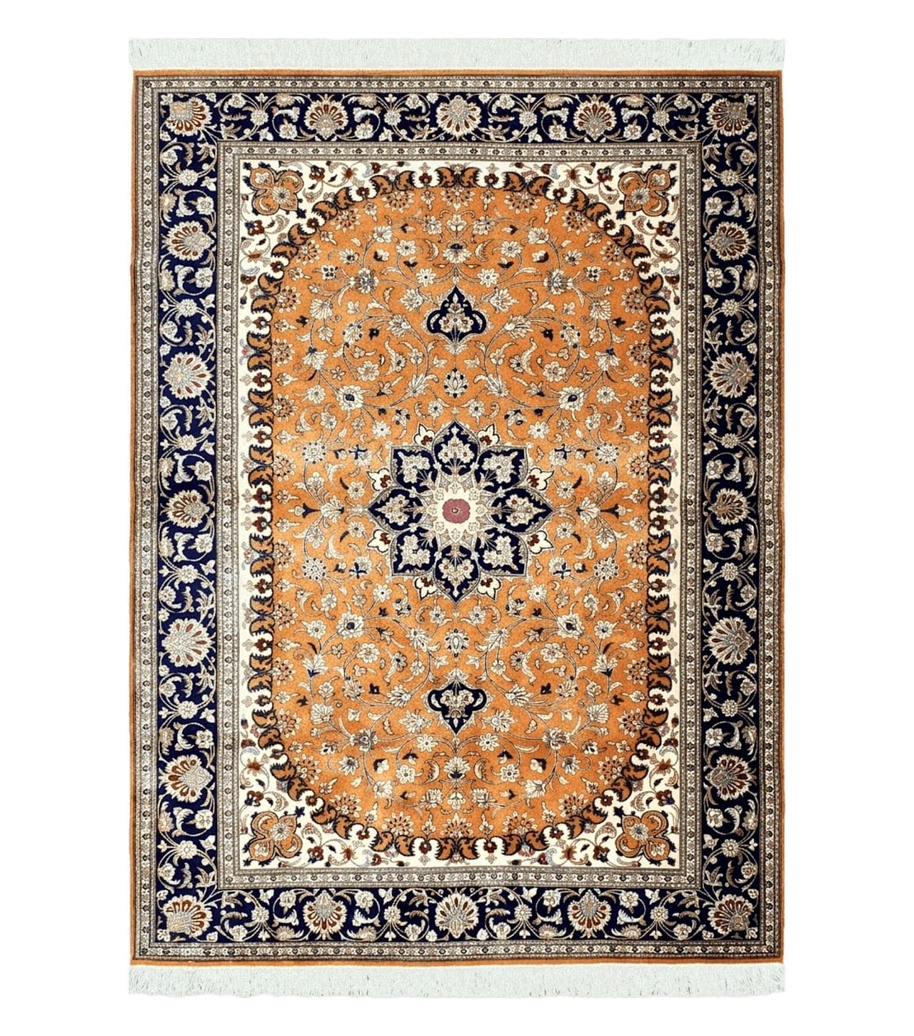 Vintage Persian Qum Silk Rug 4.6 x 6.7, Burnt Orange and Navy Blue, Antique Oriental Very Fine Signature Master Weaver 350+ KPSI Ghom Qom 5x7 Rug