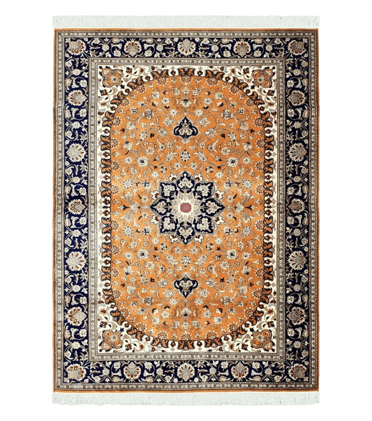 Vintage Persian Qum Silk Rug 4.6 x 6.7, Burnt Orange and Navy Blue, Antique Oriental Very Fine Signature Master Weaver 350+ KPSI Ghom Qom 5x7 Rug