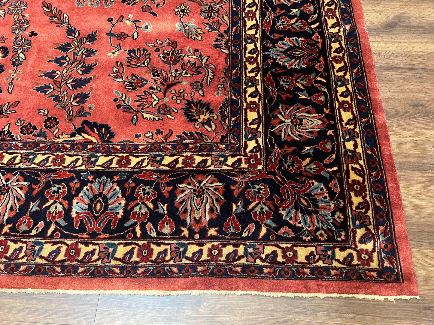 Indo Sarouk Rug 10x14, Vintage Indian Persian Area Rug 10 x 14, Wool Hand-Knotted Oriental Carpet, Red Floral Allover Large Rug, Beautiful