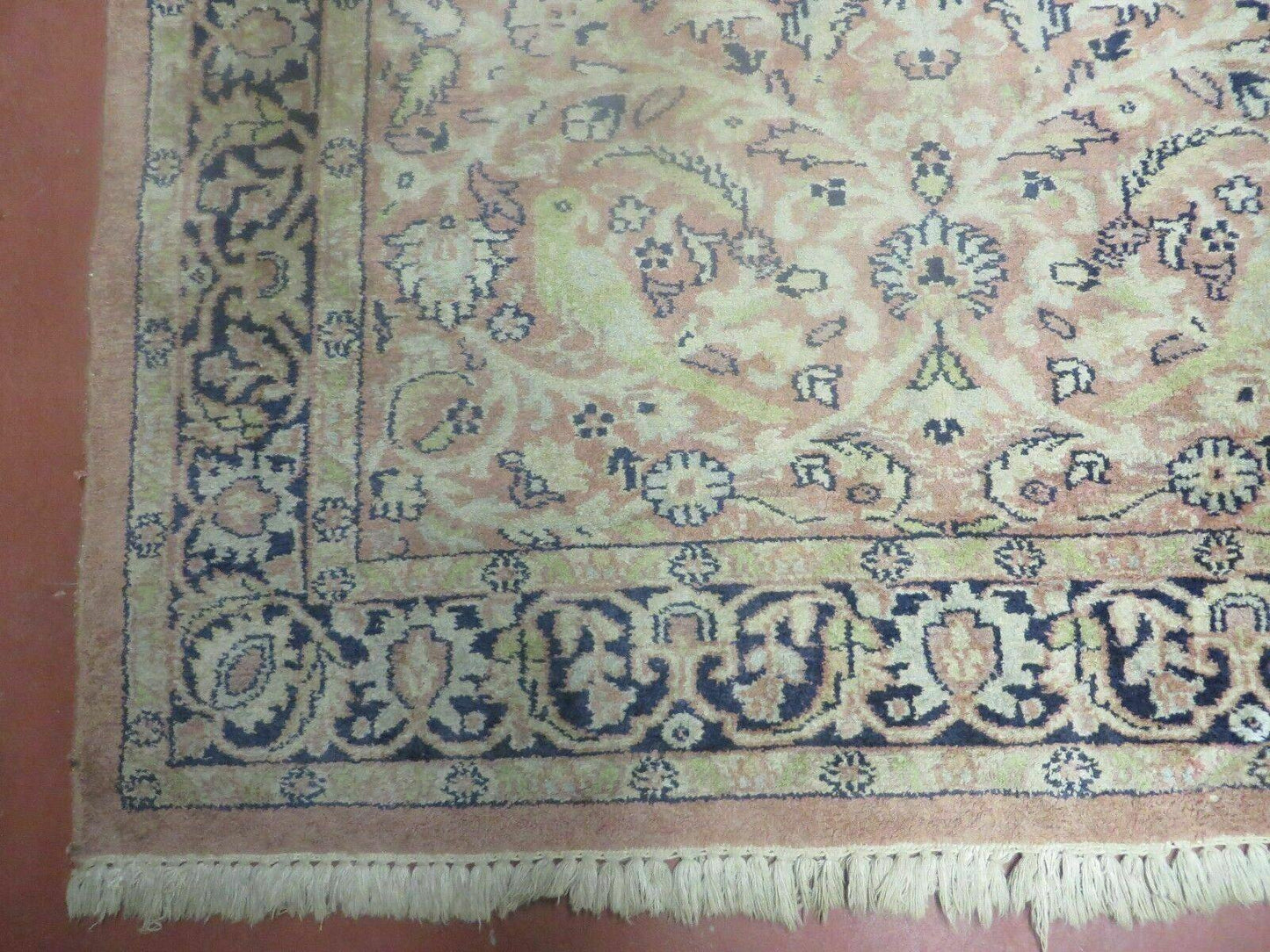 Indian Silk Rug 4x6, Indian Kashmiri Silk Carpet 4 x 6 ft, Vintage Hand Knotted Floral Bird Motifs, Light Pink and Navy Blue, Silk on Cotton