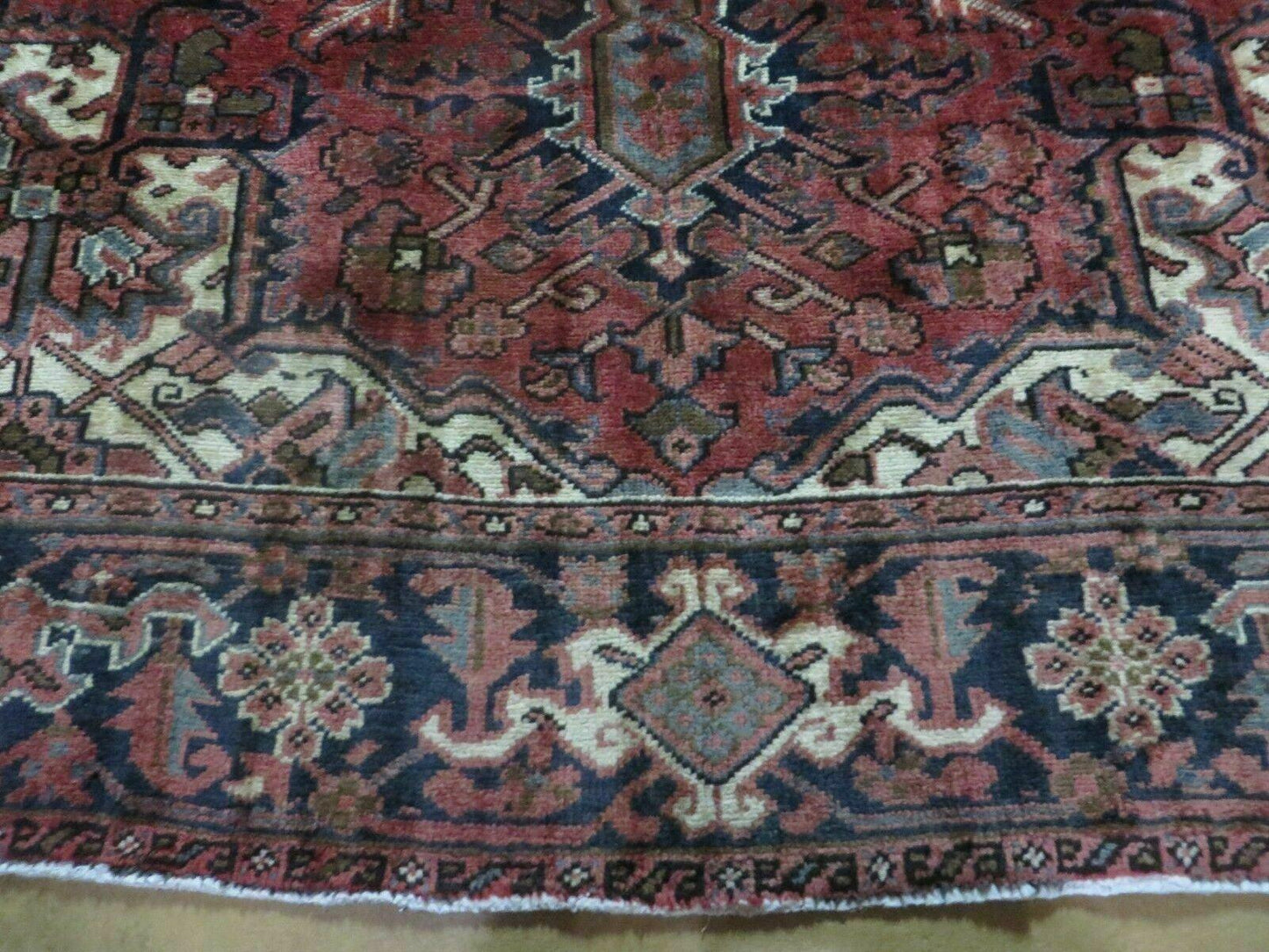 Persian Rug 8x11 Room Sized Heriz Carpet, Hand Knotted Wool Rug, Vintage Semi Antique, Geometric Medallion, Wine Red Cream Dark Blue, Wow
