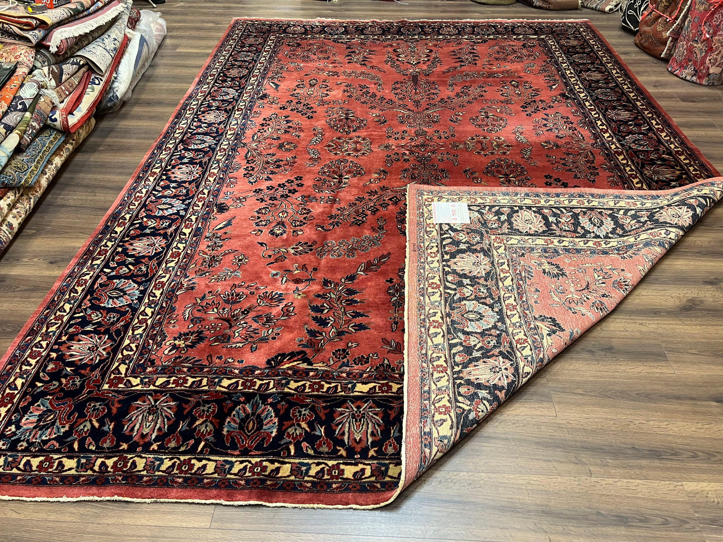 Indo Sarouk Rug 10x14, Vintage Indian Persian Area Rug 10 x 14, Wool Hand-Knotted Oriental Carpet, Red Floral Allover Large Rug, Beautiful