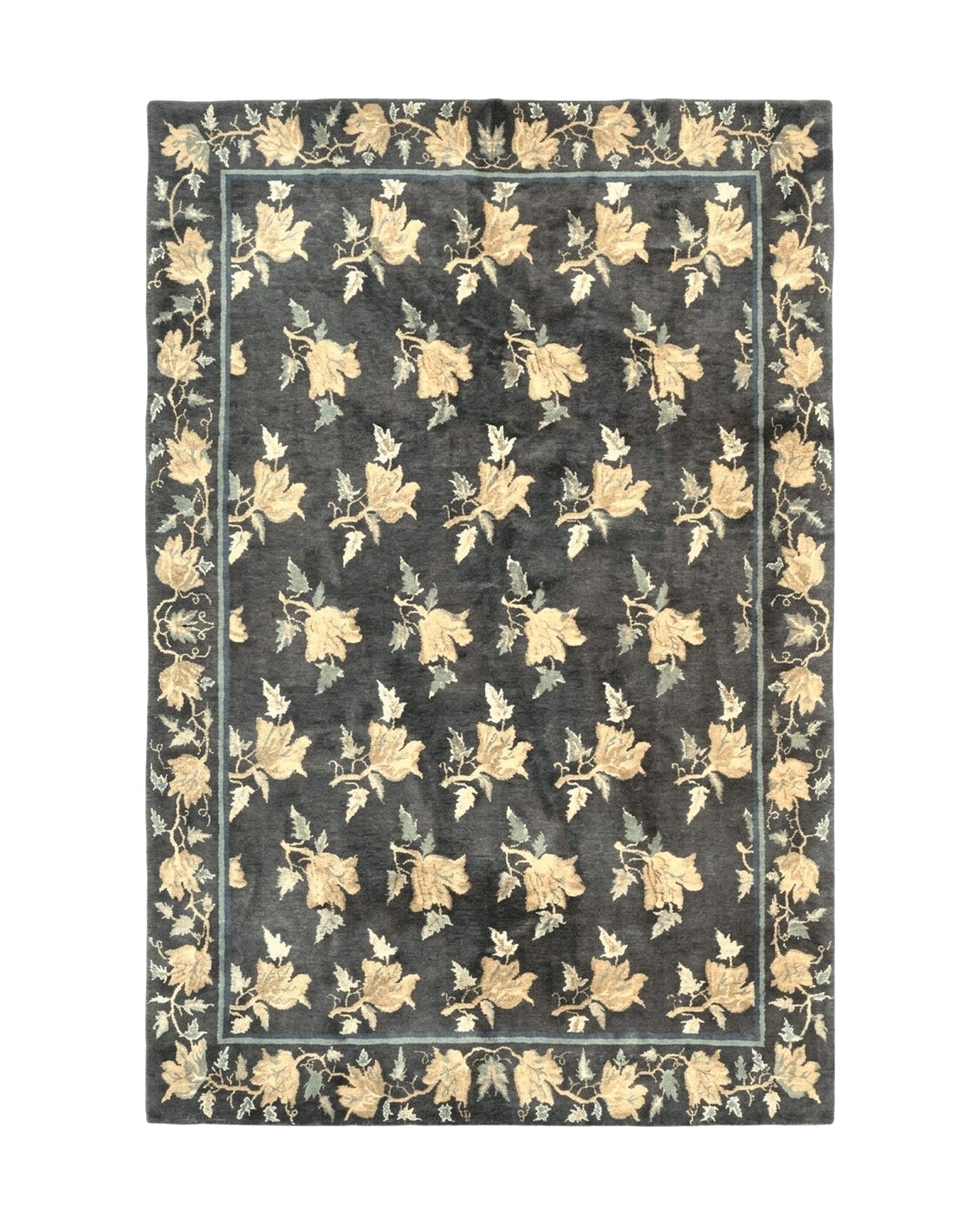 Tibetan Nepal Rug 6x9, Wool Hand Knotted Vintage Carpet 6 x 9, Dark Green & Golden Yellow, Floral Bouquets