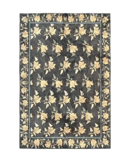 Tibetan Nepal Rug 6x9, Wool Hand Knotted Vintage Carpet 6 x 9, Dark Green & Golden Yellow, Floral Bouquets