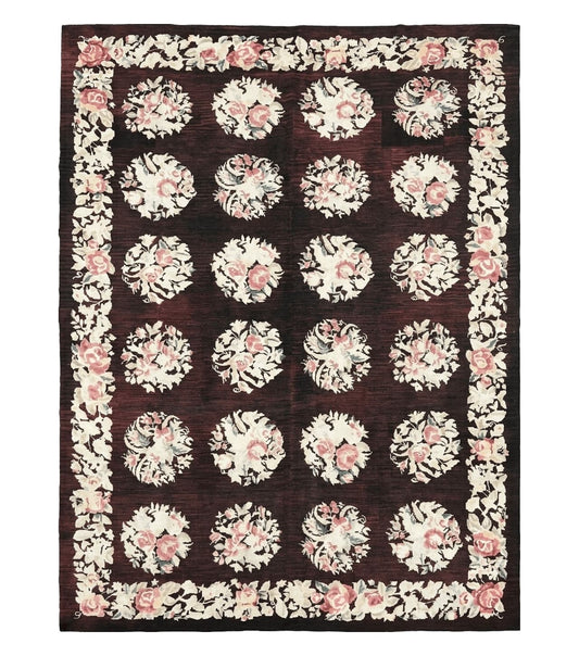 Floral Needlepoint Rug 5x7, Repeated Floral Motifs, Eggplant Color, Handmade Wool Vintage Needlepoint Area Rug 5 x 7 ft, Flatweave Rug