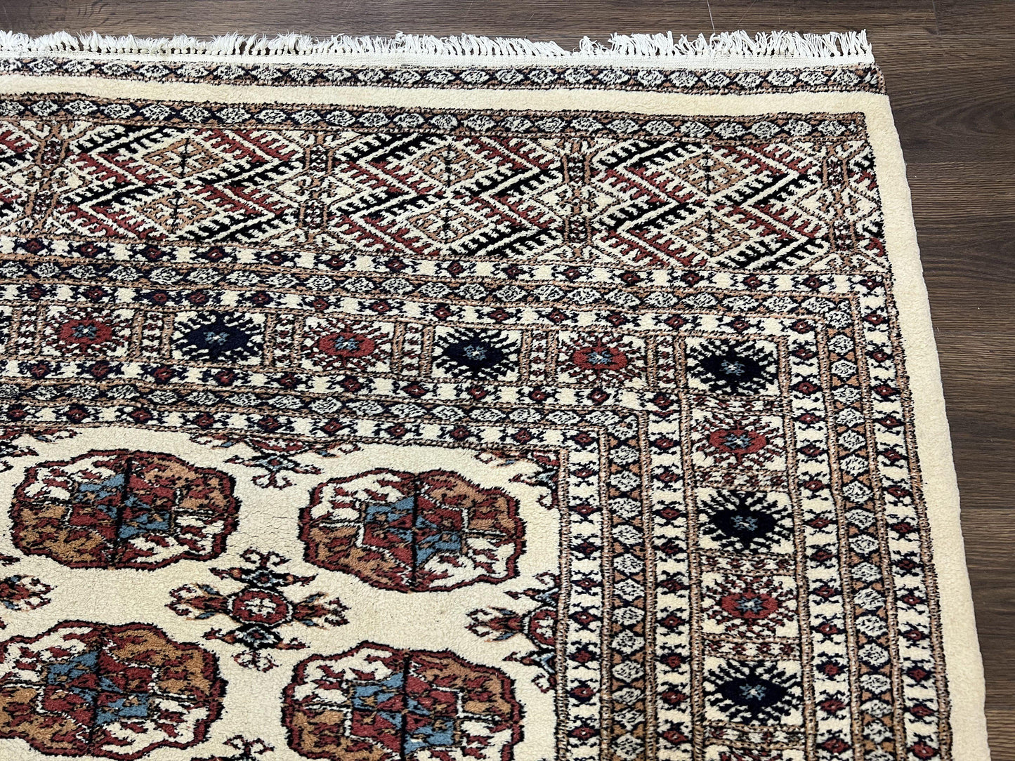 Pakistani Bokhara Rug 8x10, Wool Turkoman Carpet, Ivory/Cream