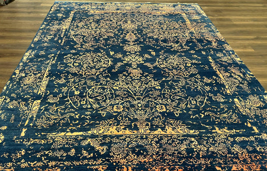 Area Rug 8x10 High Quality Handmade Oriental Carpet, Modern Contemporary Rug, Rug for Living Room, Wool Rug, Blue and Gold, Pakistani Rug