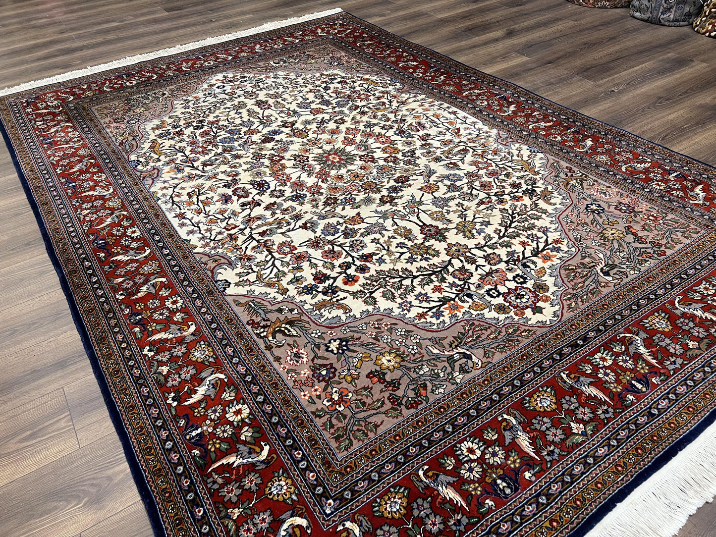 Beautiful Sino Persian Rug 7x10, Circle of Life Tree of Life Rug, Birds, Cream Red Navy Blue Taupe, Wool Silk Accents, Hand Knotted Vintage