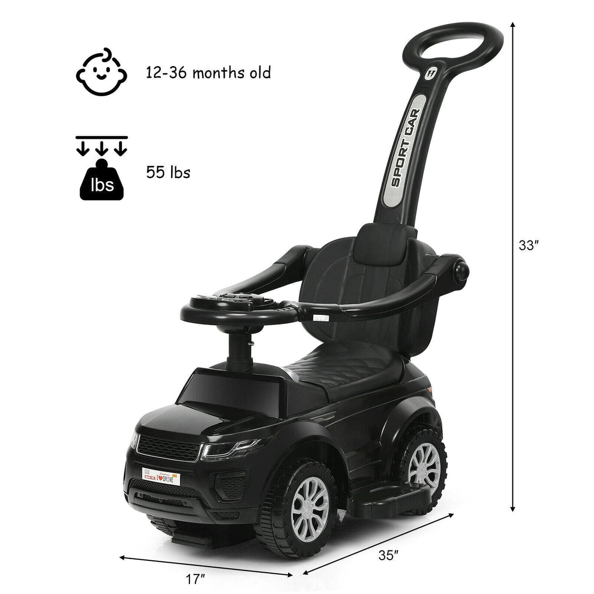 3 in 1 Ride on Push Car Toddler Stroller Sliding Car with Music-Black