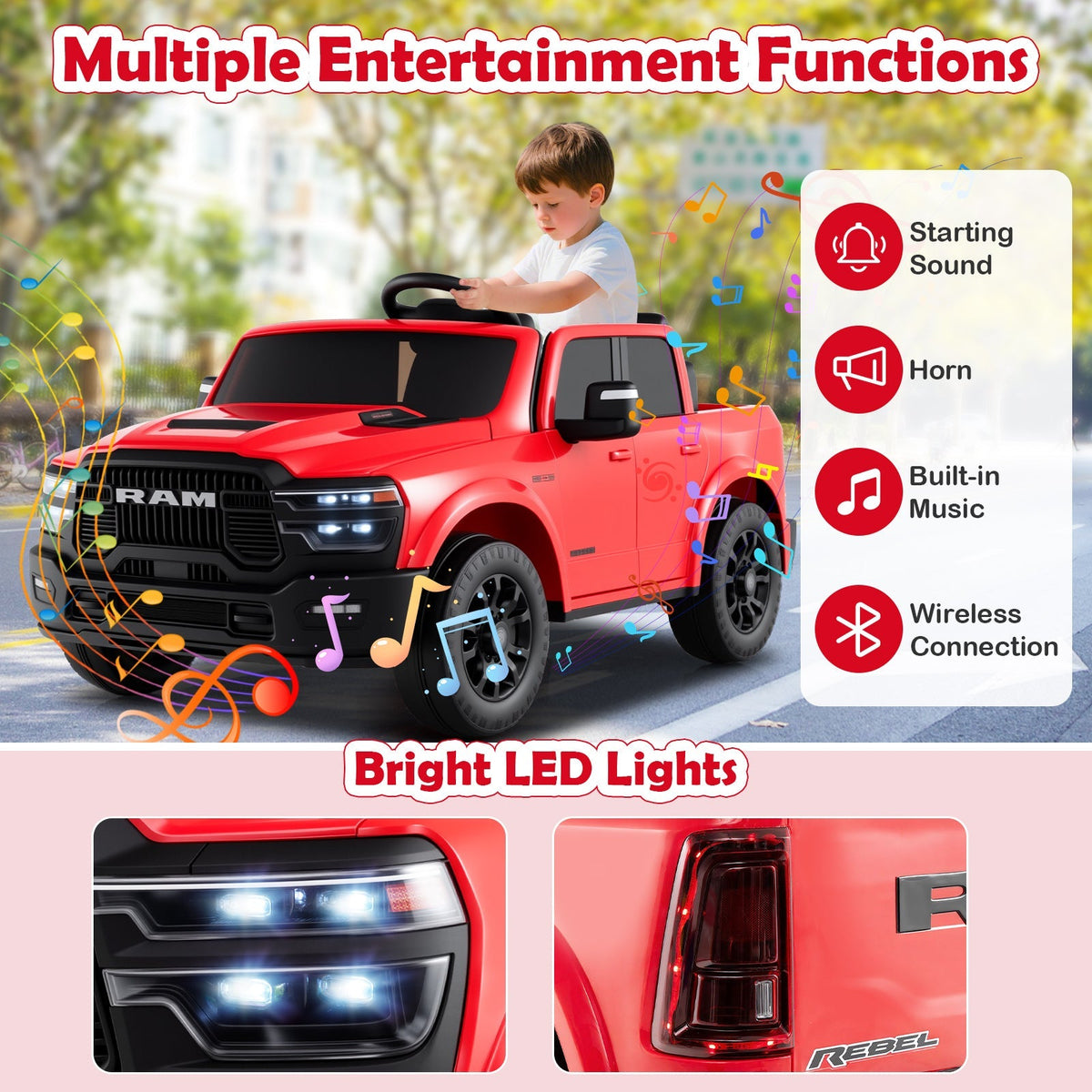 2 Seater 24V Ride on Toy for Big Kids Licensed Ram Truck with Remote and Music
