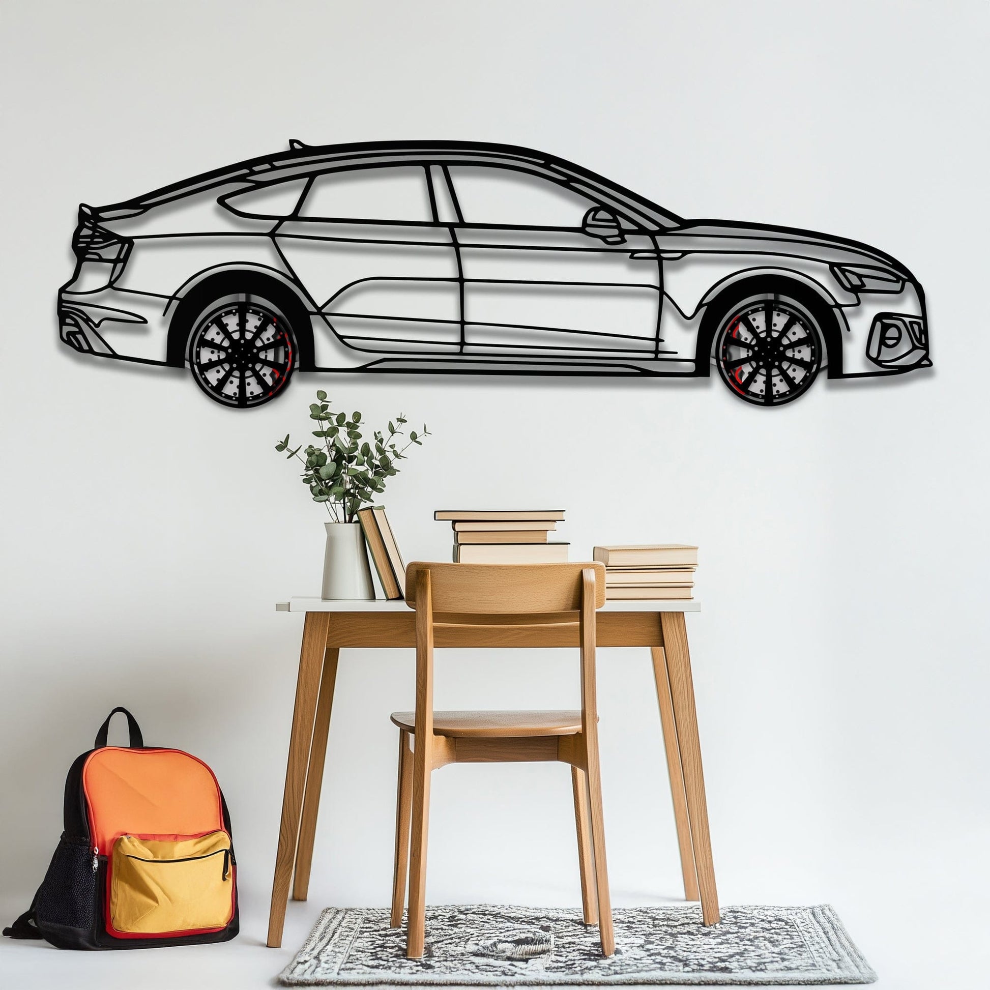 Audi RS5 Metal Car Wall Art with Rotating Wheels - Performance Sportback Silhouette Decor - Interactive Automotive Wall Art - KAFMEKA097