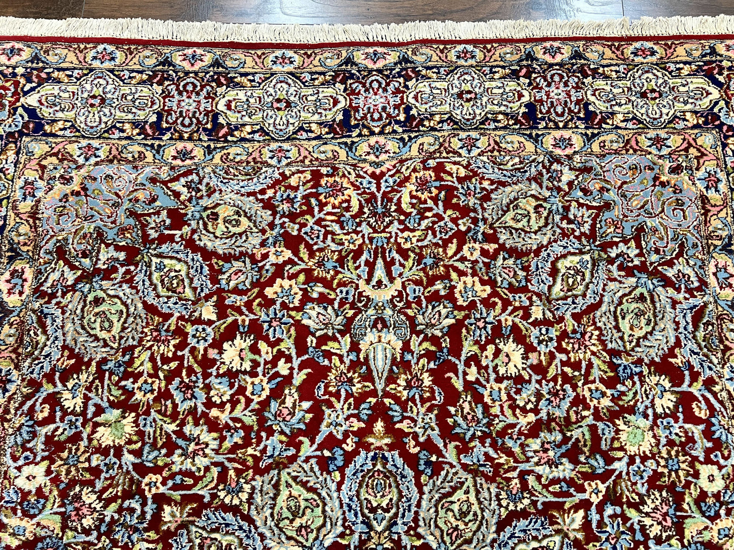 Persian Kirman Rug 7x10, Hand Knotted Wool Floral Medallion Carpet, Dark Red