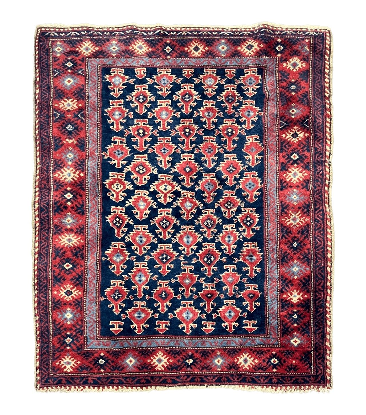 Turkish Sparta Rug 3x4, Allover Pattern, Navy Blue and Red, Antique Ispara Oriental Carpet 3 x 4, Small Turkish Handmade Vintage Wool Rug