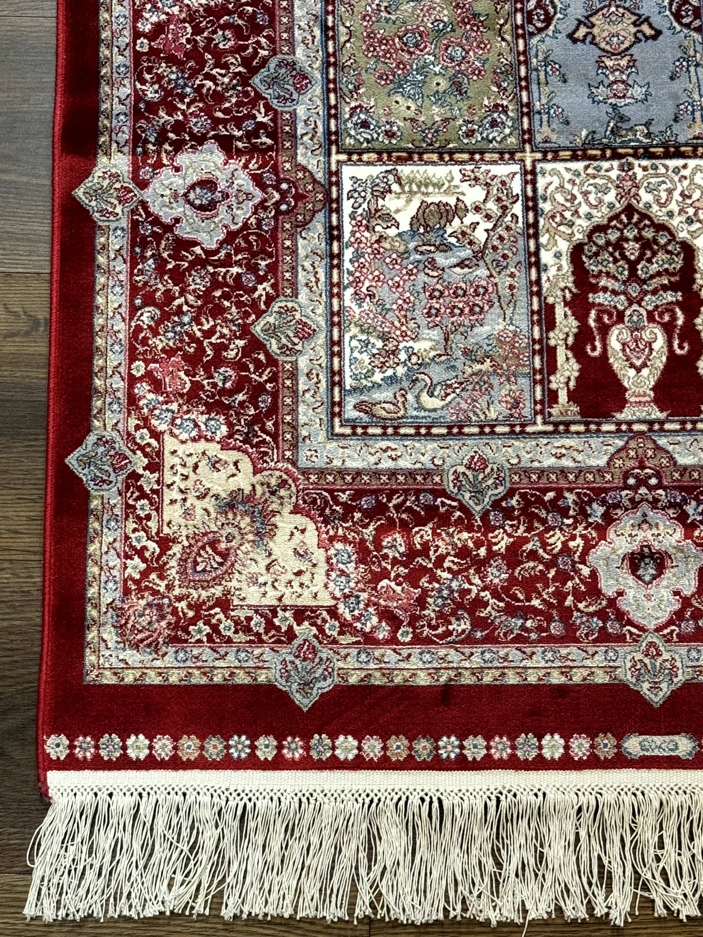 Turkish Silk Runner Rug 2.6 x 11.6, Panel Design, Dark Red Ivory, Bamboo Silk, New