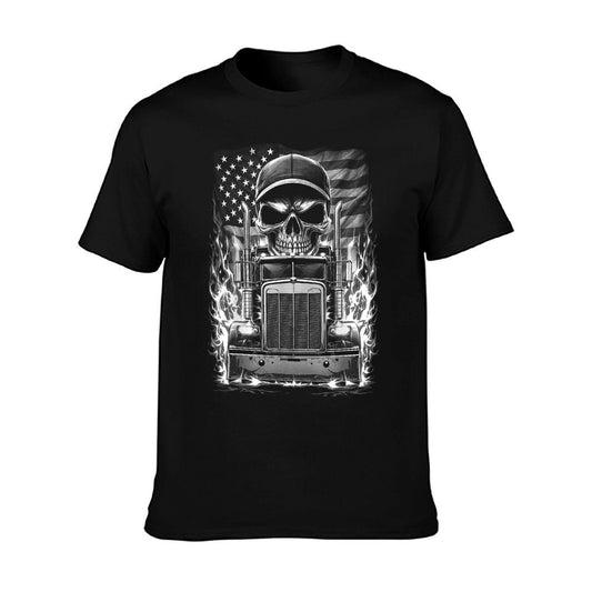 Trucker Patriotic American Flag Semi Truck Driver Skull T-Shirt