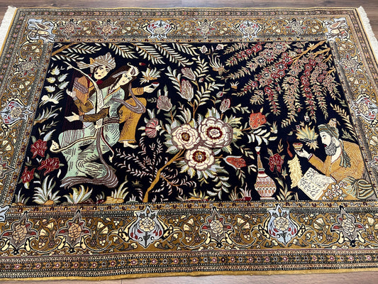 Persian Qum Pictorial Rug 4.8 x 6.5 - Layla & Majnun, Birds