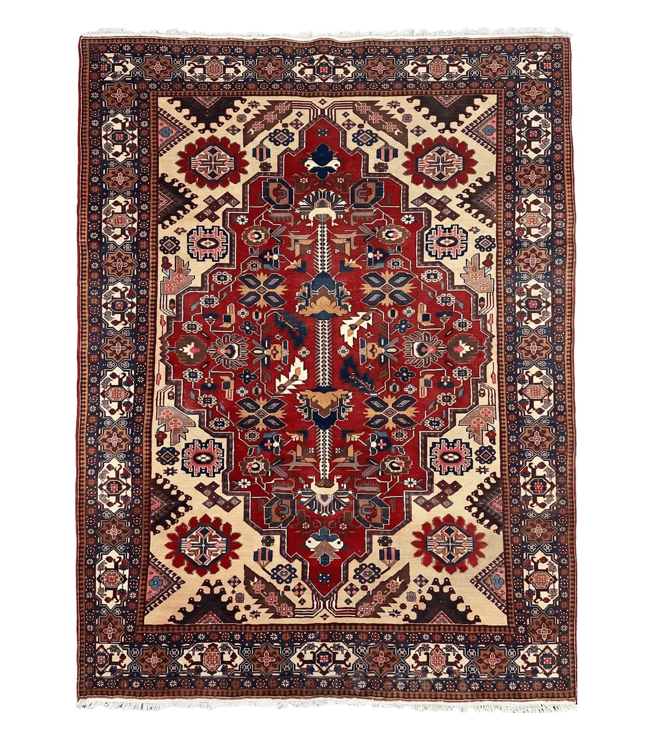 Antique Persian Heriz Rug 8x12 ft, Geometric Tribal Room Sized Carpet, Camel Hair Red Navy Blue, Wool Hand Knotted Medallion Oriental Carpet