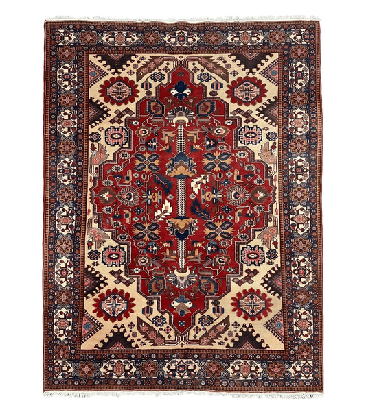 Antique Persian Heriz Rug 8x12 ft, Geometric Tribal Room Sized Carpet, Camel Hair Red Navy Blue, Wool Hand Knotted Medallion Oriental Carpet