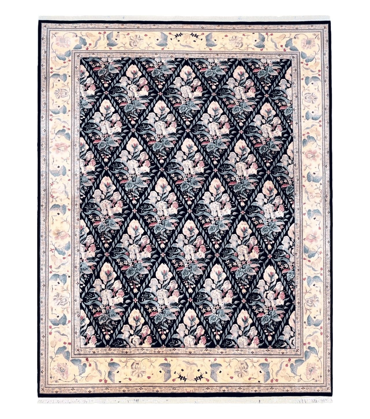 Sino-Persian Kirman Rug 9x12 Floral Handmade Wool Carpet Black & Ivory Vintage