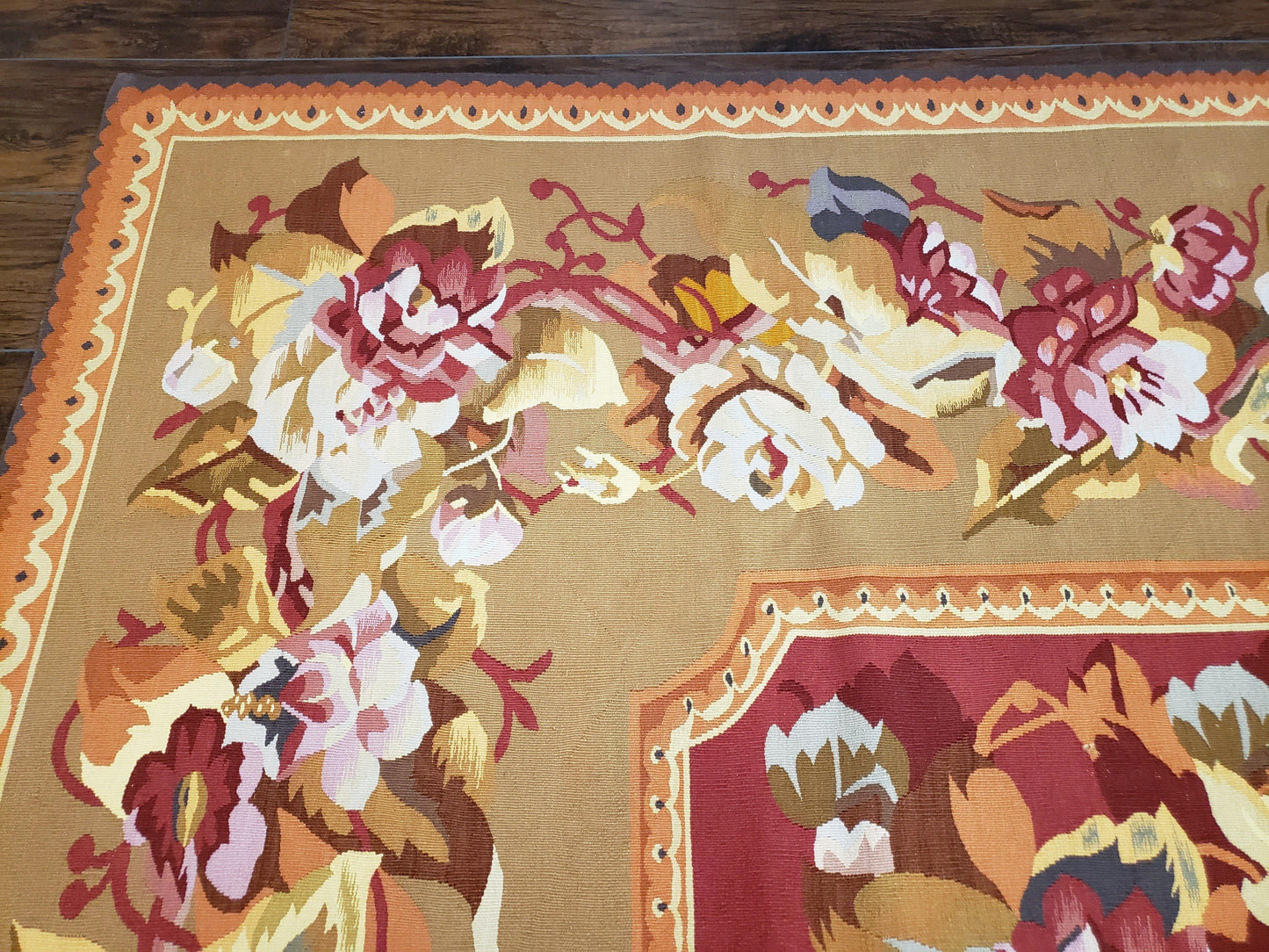 Vintage Chinese Aubusson Savonnerie Flat Pile Rug 9.9 x 14.5 Wool Handwoven Red & Khaki Large Flowers Rug 9x14 - 10x15 Michaelian Kolhberg